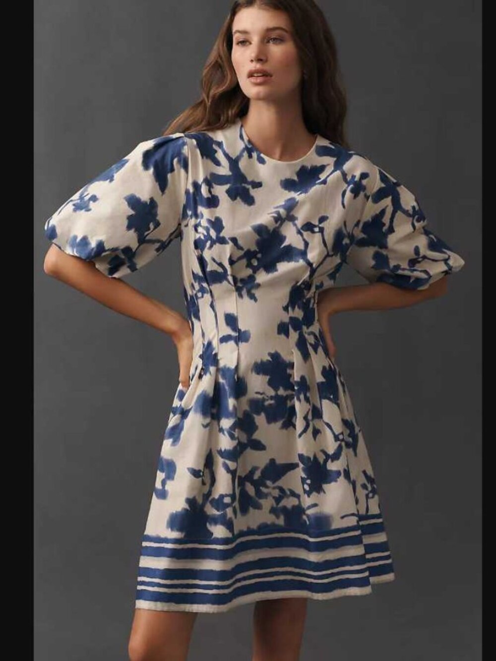 New L Anthropologie Tobie puff-sleeve mini dress in Bone Blue Print (runs small)